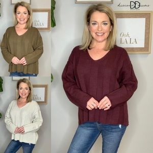 ribbed v-neck sweater (Cream Large)